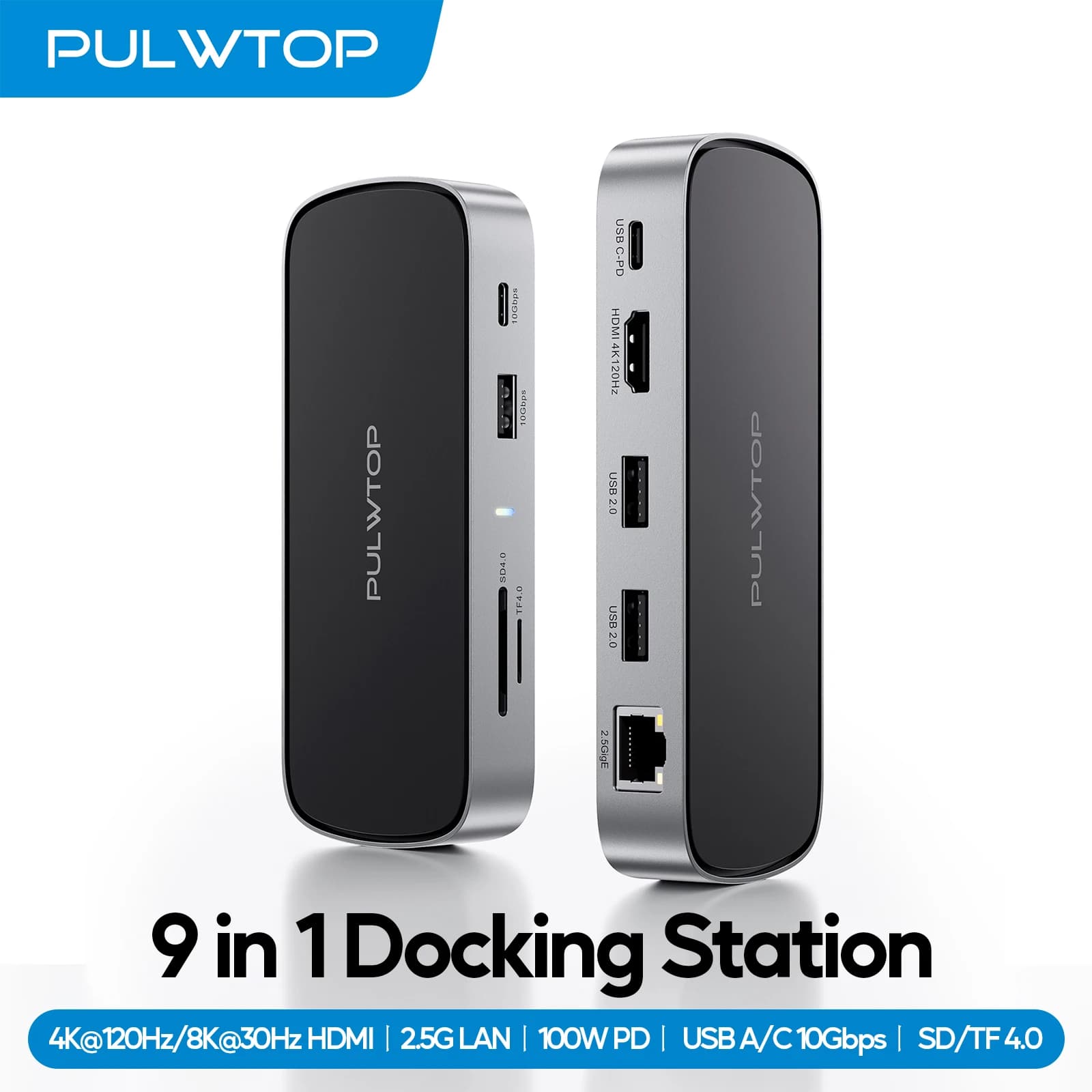 Docking station PULWTOP con HDMI 4K@120Hz/8K@30Hz, LAN 2.5G, 100W PD, USB A/C 10Gbps, SD/TF, compatibile con laptop di tipo C completo