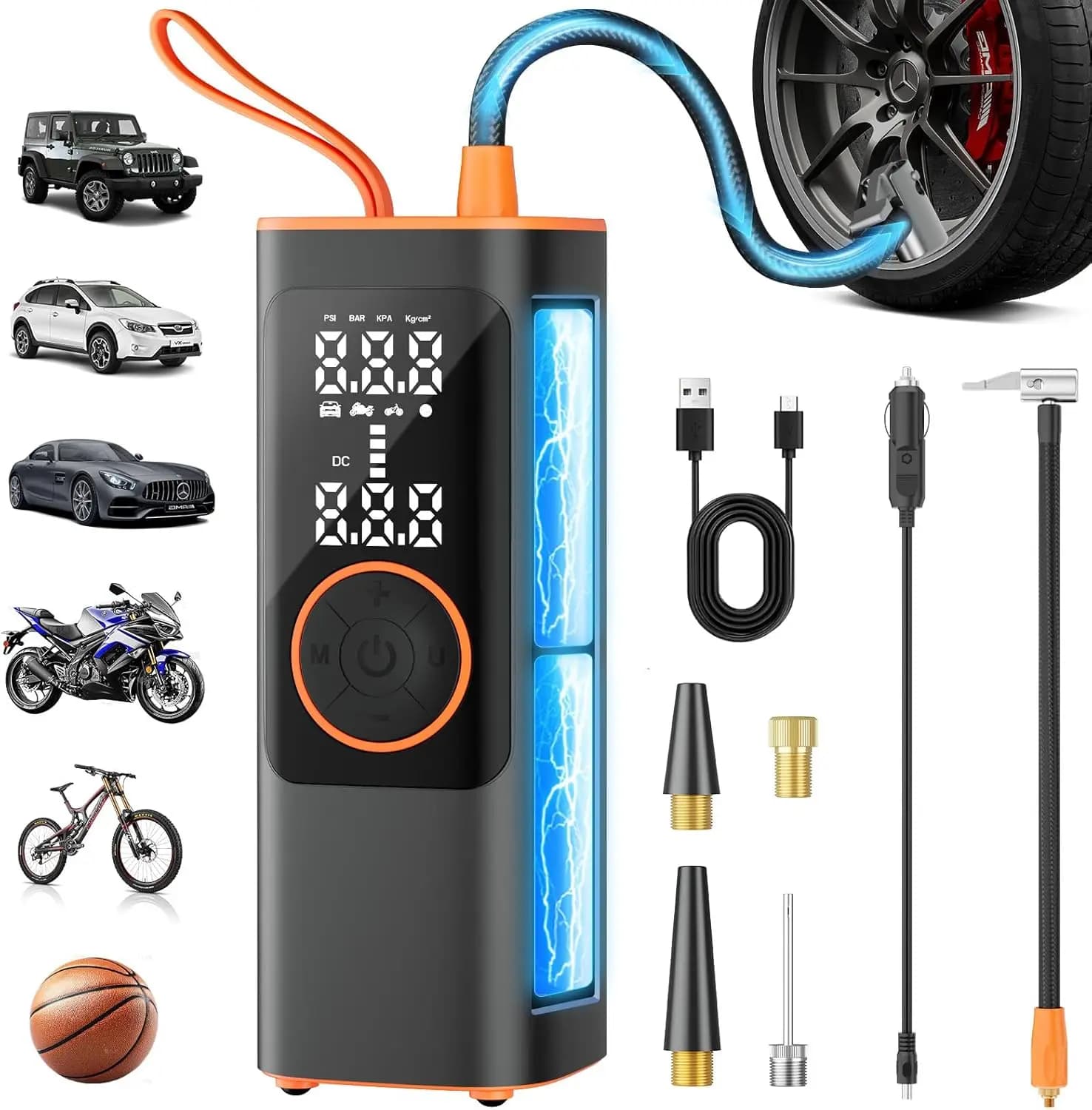 Compressore d'Aria Portatile, 150PSI Senza Fili e 12V Doppia Alimentazione, Pompa per Pneumatici Auto, Bici, Moto con Manometro Digitale