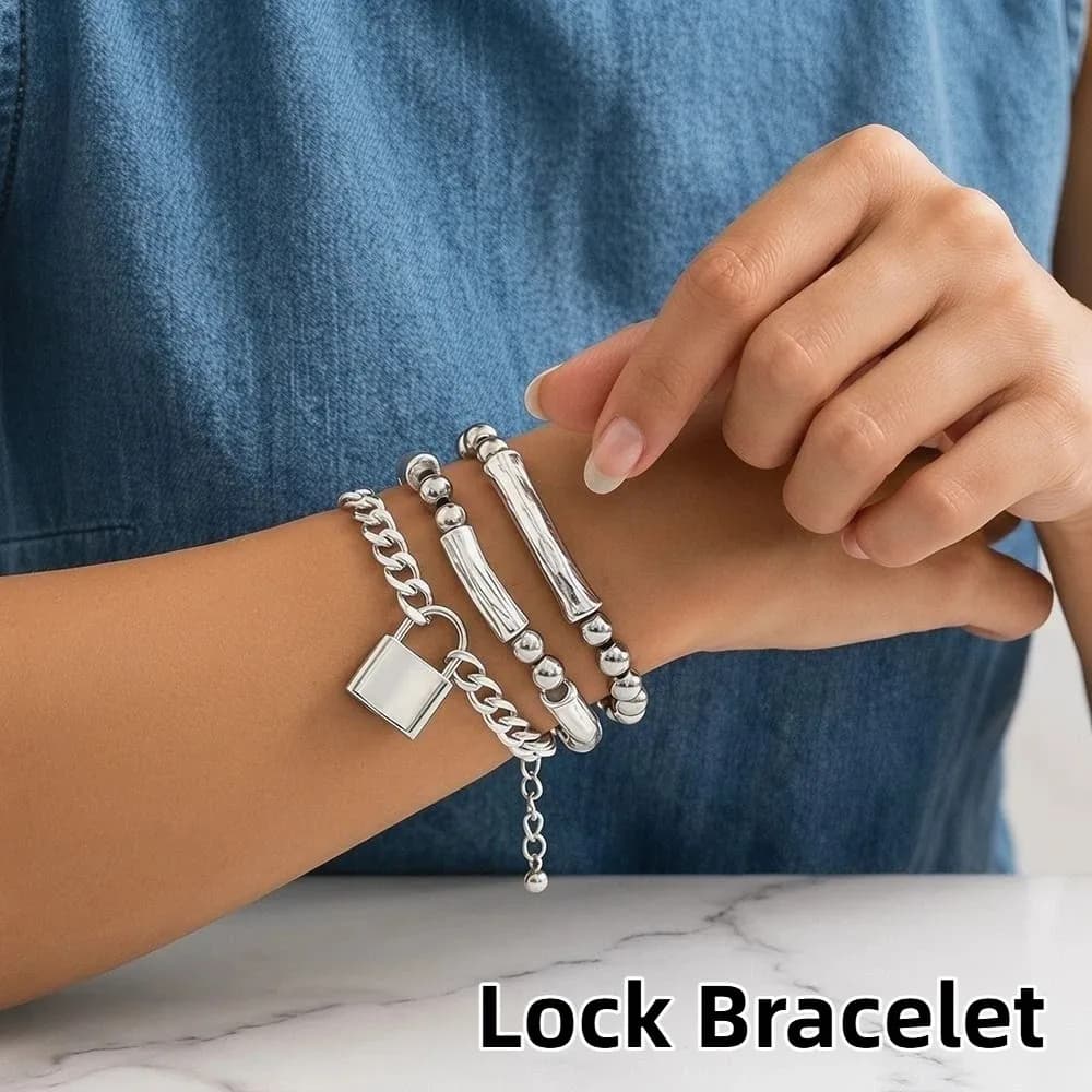 3PCS Retro Style Lock Bracelet Exaggerated Punk Style Elastic Band Charm Bracelet Minimalist Design Three in One Set