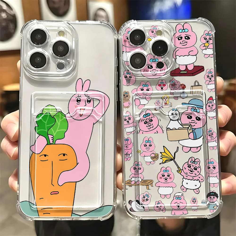 Cute Fun Pink Rabbit Card Hold Phone Case For Xiaomi 13 12 12T 11 Lite Poco M5 M4 X5 X4 X3 Pro NFC 4G 5G Anti-fall Clear Cover