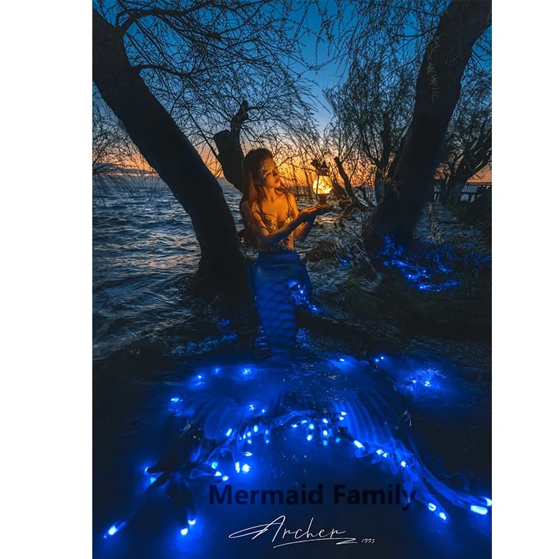 Illumina l'abbigliamento con coda di pelle di sirena, lucentezza, coda di pesce luminosa, servizio fotografico, nuoto, immersioni, biancheria intima, costume di Halloween, cosplay