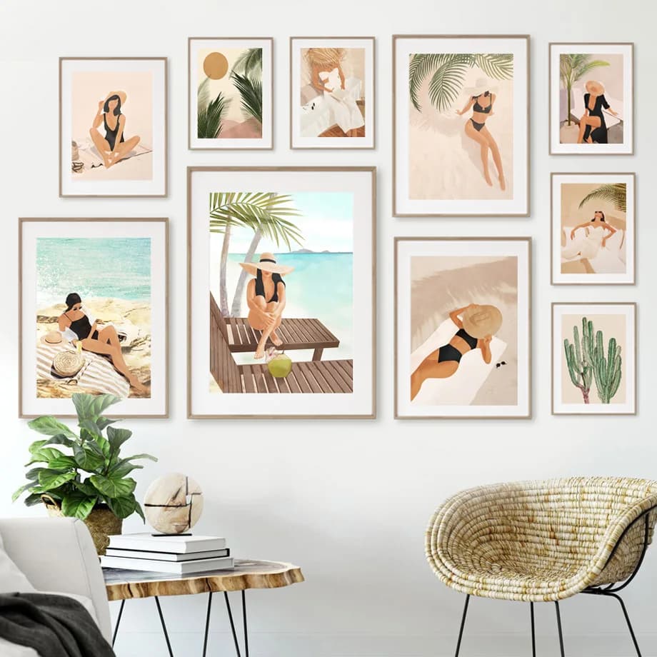 Boho Tropical Beach Wall Art Canvas Neutral Beige Vacation Posters Minimalist Woman in Swimsuit Palm Tree Cactus Room Home De