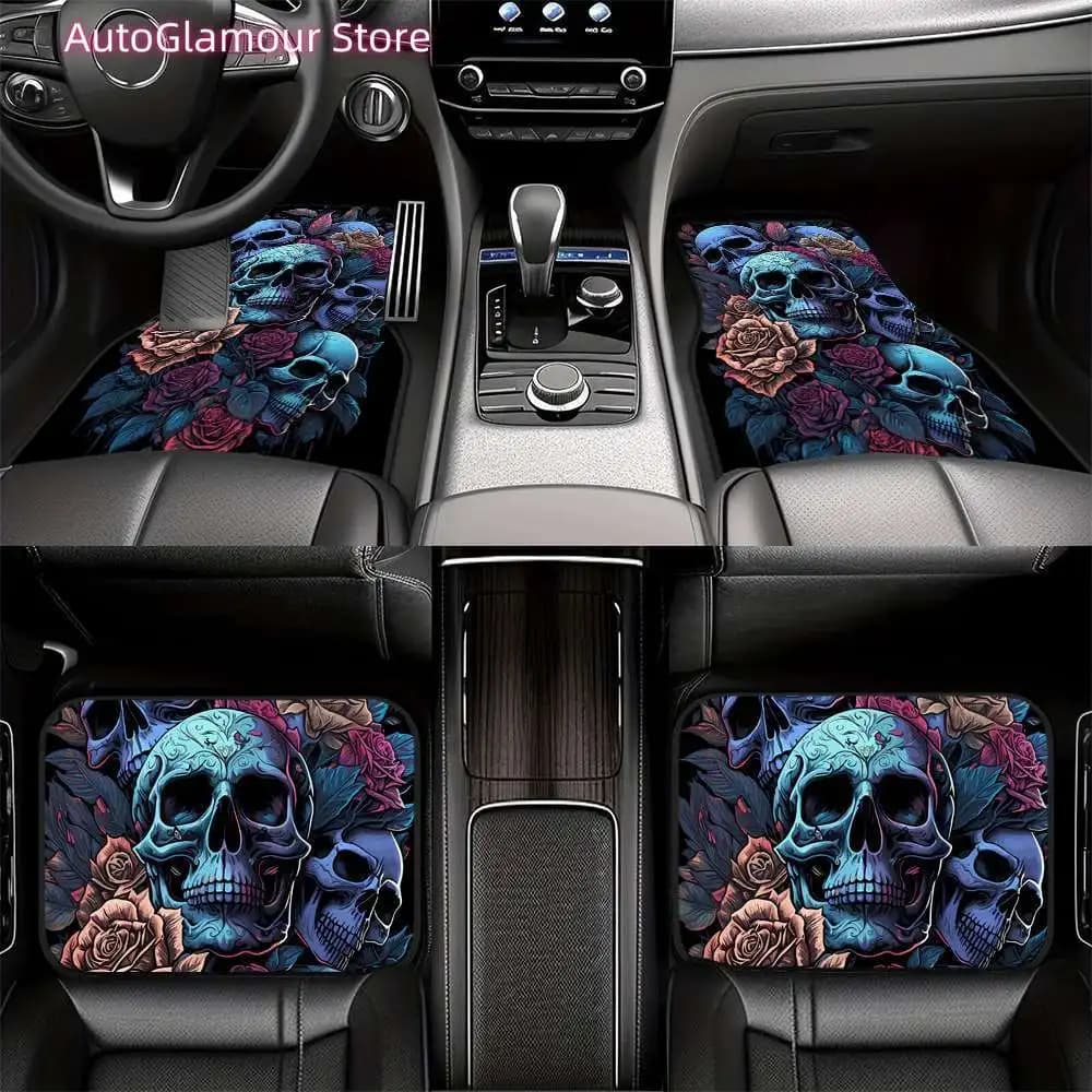 4 tappetini per auto colorati con stampa a teschio, realizzati in materiale resistente. Adatto a Vari Modelli di Camion e SUV. Regalo Ideale, Auto