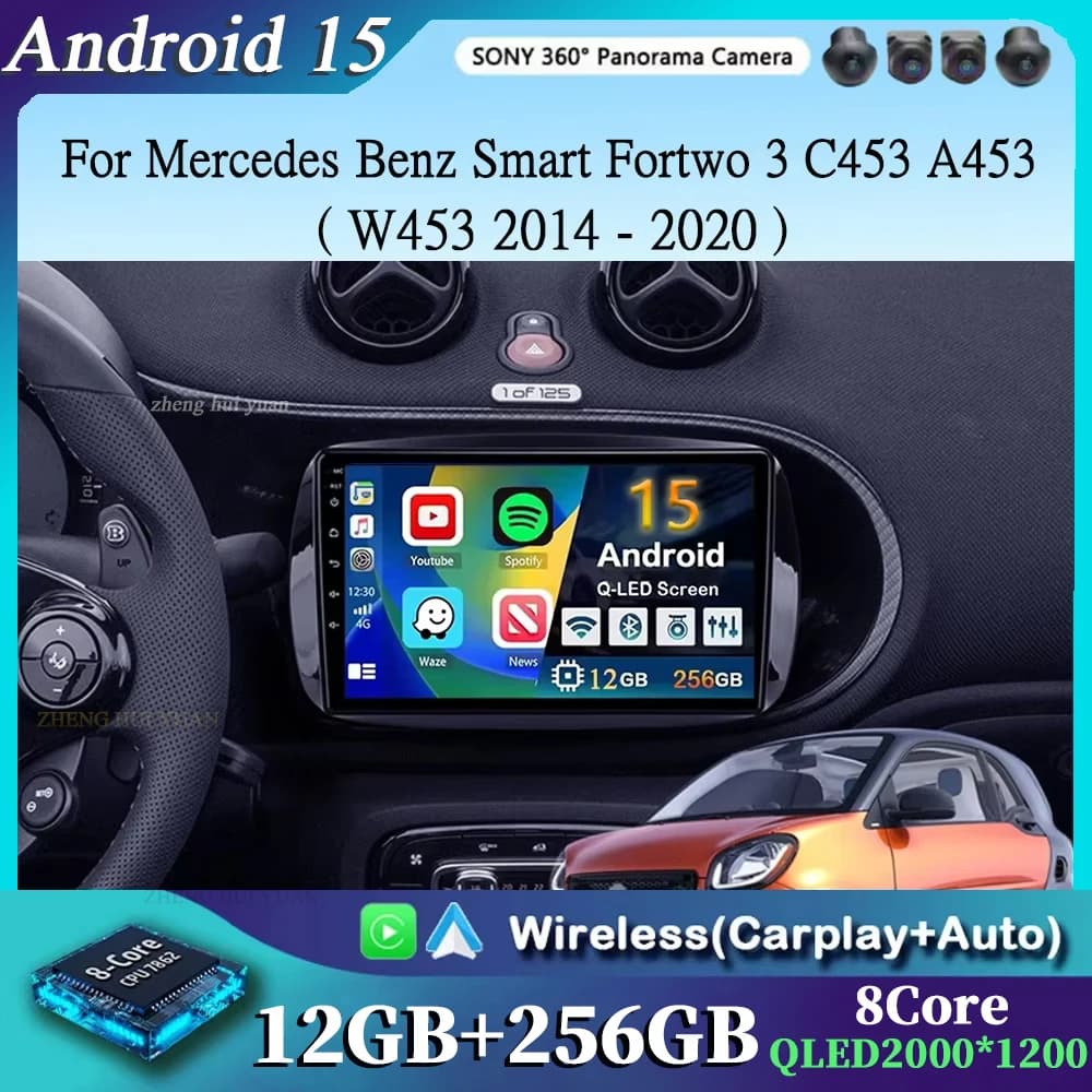 Per Mercedes Benz Smart Fortwo 3 C453 A453 W453 2014 - 2020 2K 12 + 256 QLED Android 15 CarPlay Autoradio Lettore Video Multimediale