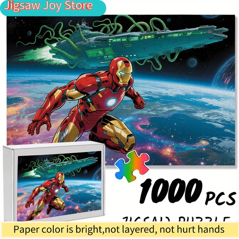 Puzzle senza cuciture a tema Marvel Z12.16-100, con Iron Man in una battaglia spaziale contro una navetta spaziale a forma di polpo, misurabile, Du