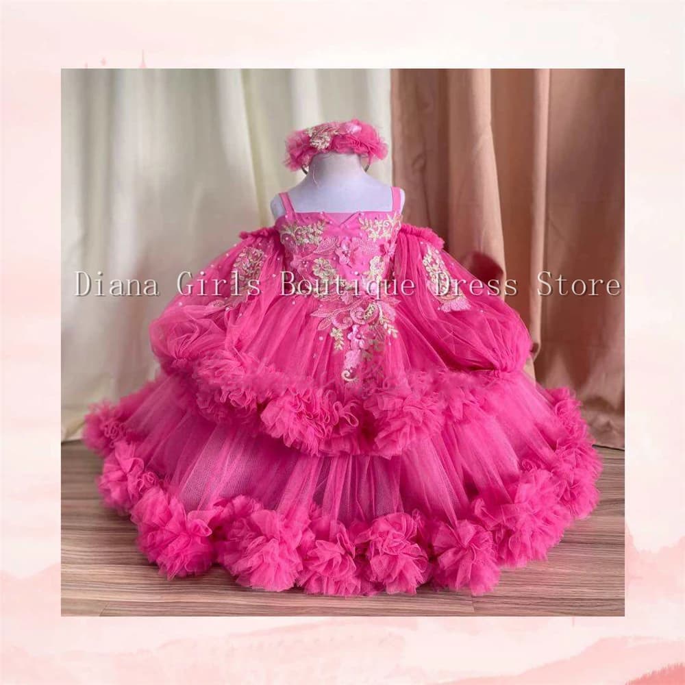 Abiti da ragazza di fiore a strati soffici per bambine di lusso Abiti da sposa soffici a strati Abiti da festa principessa senza maniche
