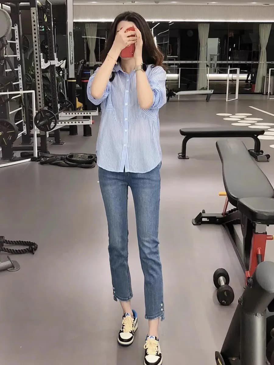 Elegant Tea Tone Striped Shirt And Nine-Piece Jeans Set Women's Fashion Summer Outfit Polyester Fiber 25-35 Years Old