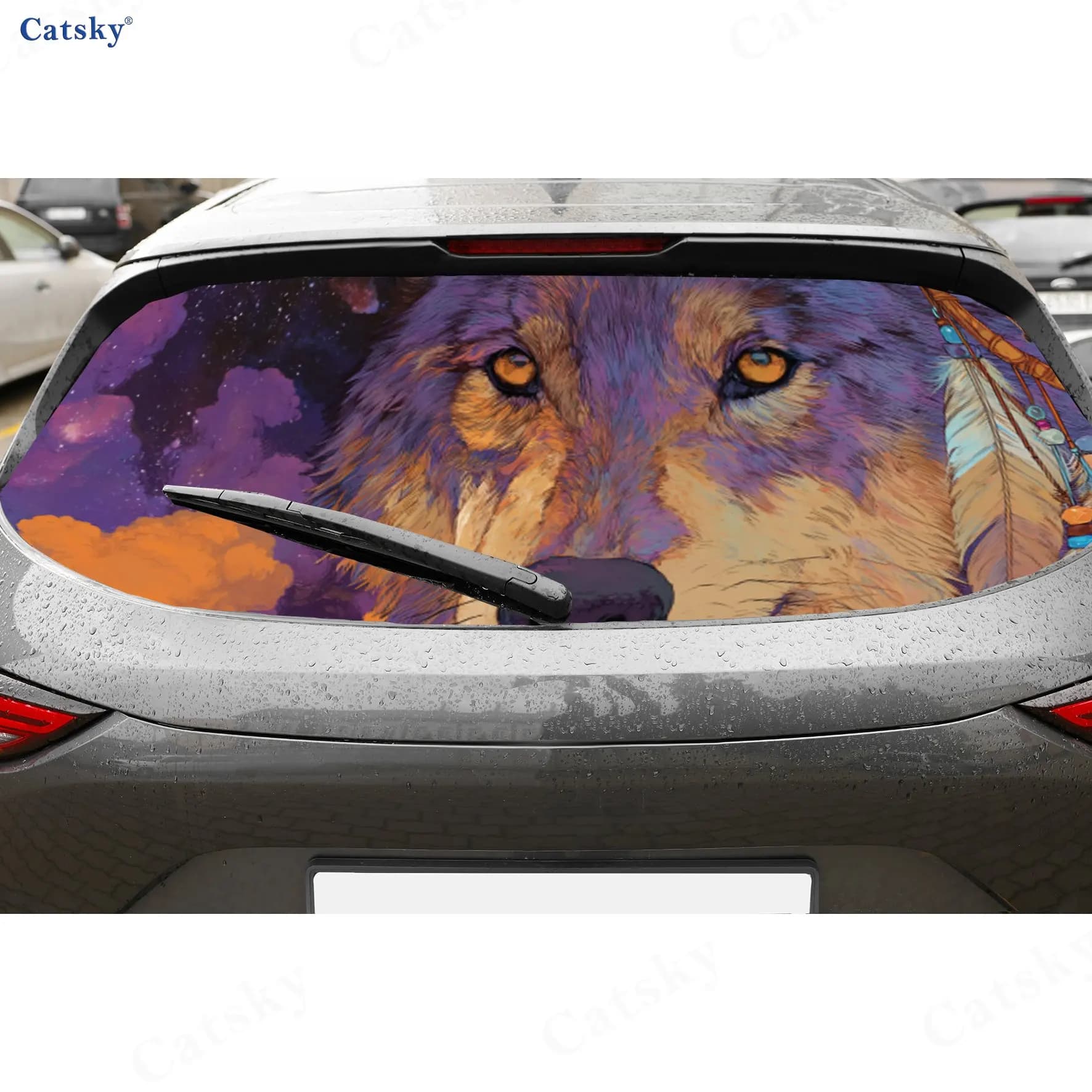Dreamcatcher Painted Wolf Art Wild PVC Perforated Car Vinyl Wraps, Durable Car Rear Windshield Sticker, Waterproof Car Rear Wind