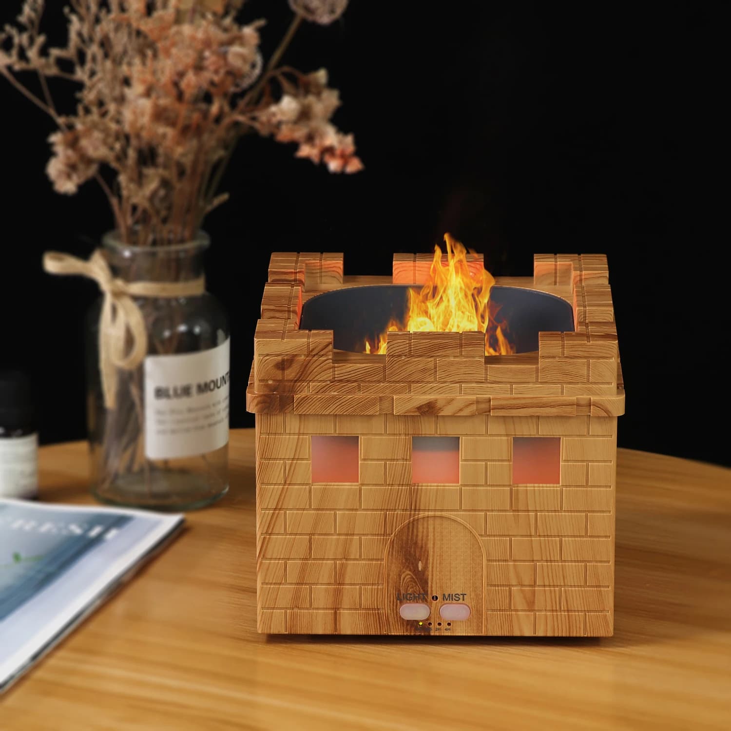 Umidificatore d'aria per olio essenziale con diffusore di aromi per camino con venature del legno con luce di fiamma per nebulizzatore di fragranze per la camera da letto di casa