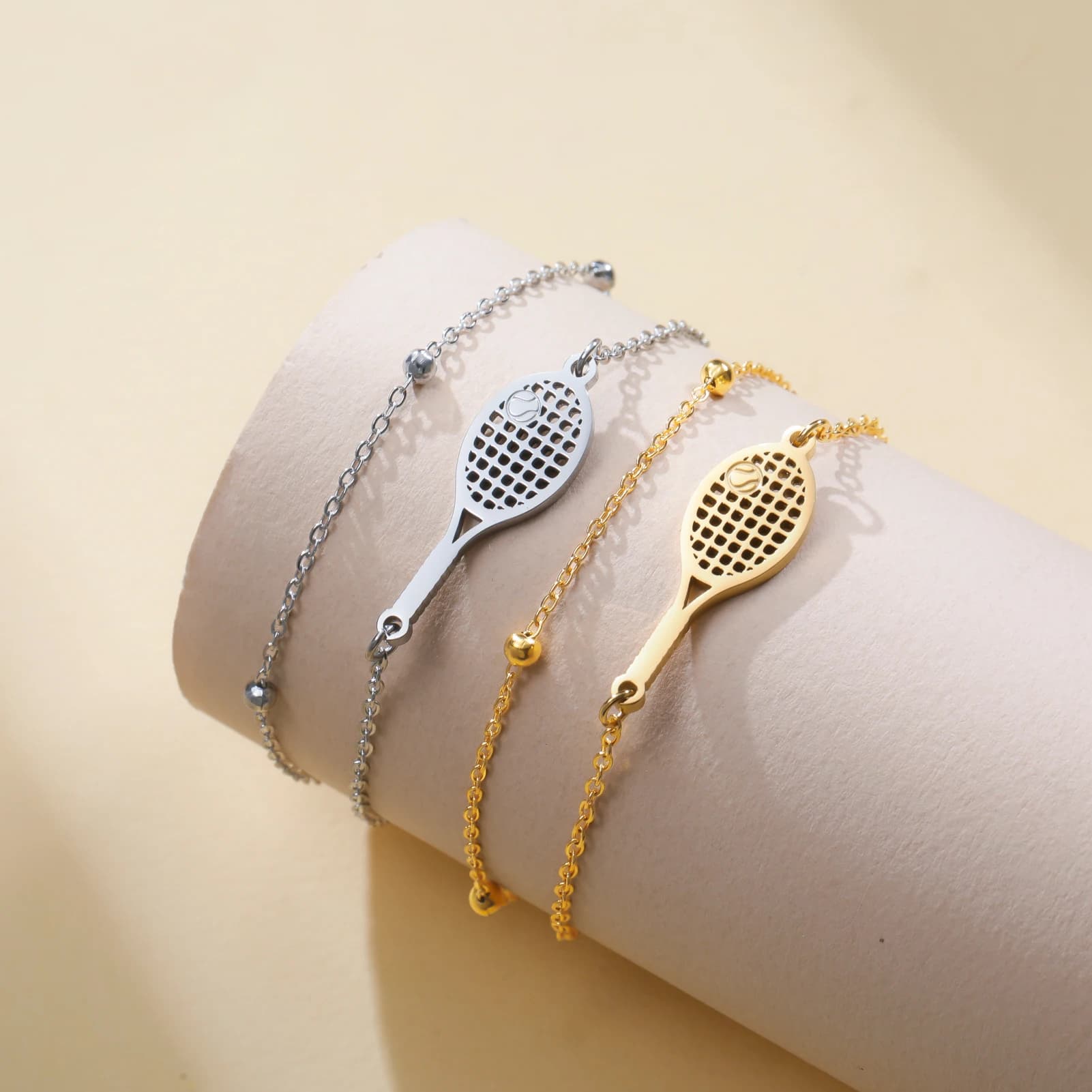 Charm tennis racket bracelet stainless steel simple double chain bead bracelet wrist jewelry Valentine's Day gift