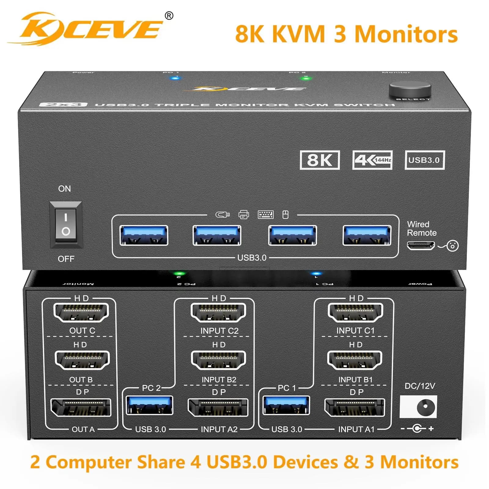KCEVE 8K Triple 3 Monitor Switcher KVM Hub USB 3.0 Docking station DP compatible HDMI Selector 2 computer Share keyboard