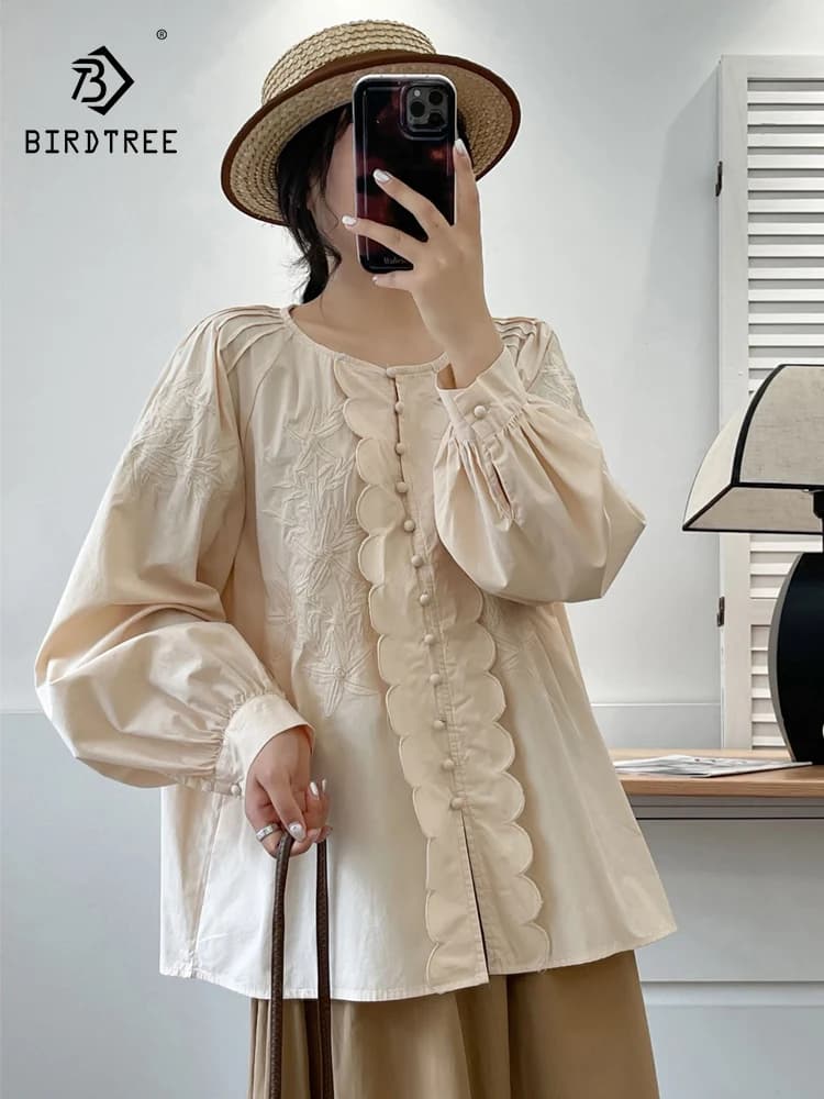 Nuova camicia con maniche Lanter in cotone autunno 20225, volant ricamati con scollo a O da donna, camicetta allentata per pendolari Mori Girl French OL T5N255CC