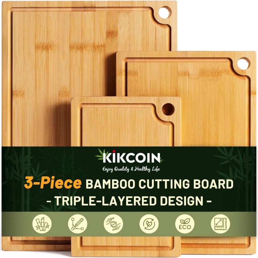 Bamboo Cutting Board 3 Pcs Cutting Board with 3 Hooks Wood Chopping Boards for Kitchen Deep Juice Groove for Vegetables and Mea