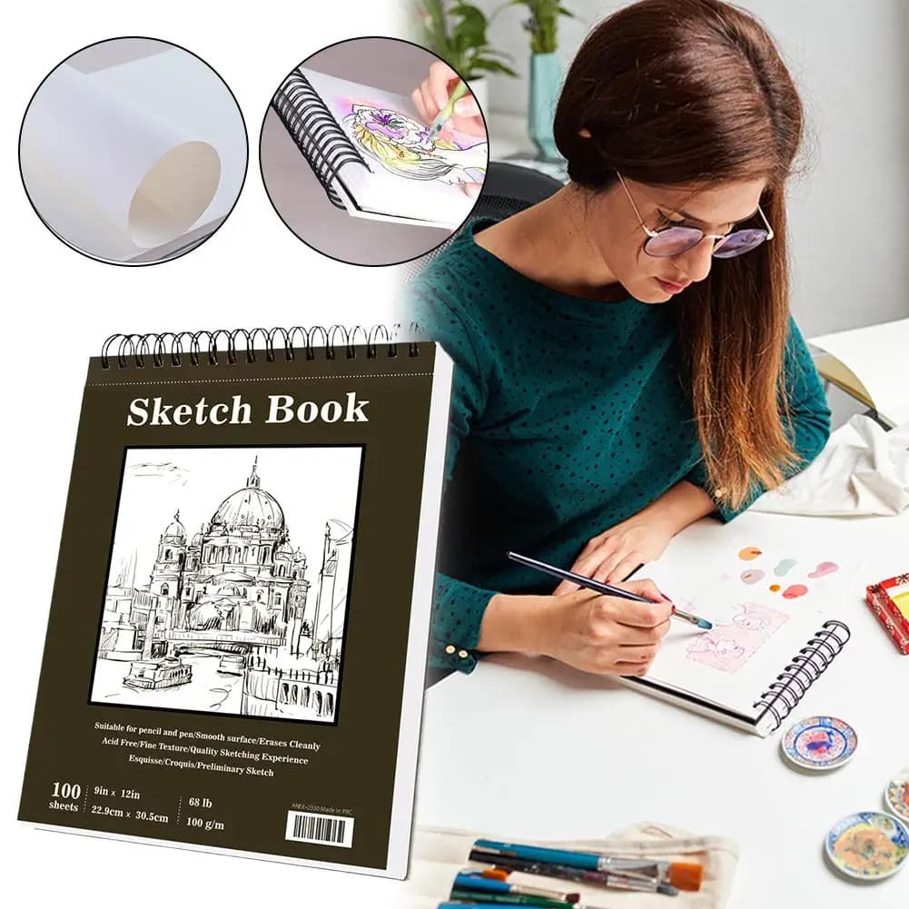 Sketchbook 9x12 inch Drawing Pad 100 Sheets 100gsm Thickened Paper Spiral Sketching Notebook for Art Students Professional