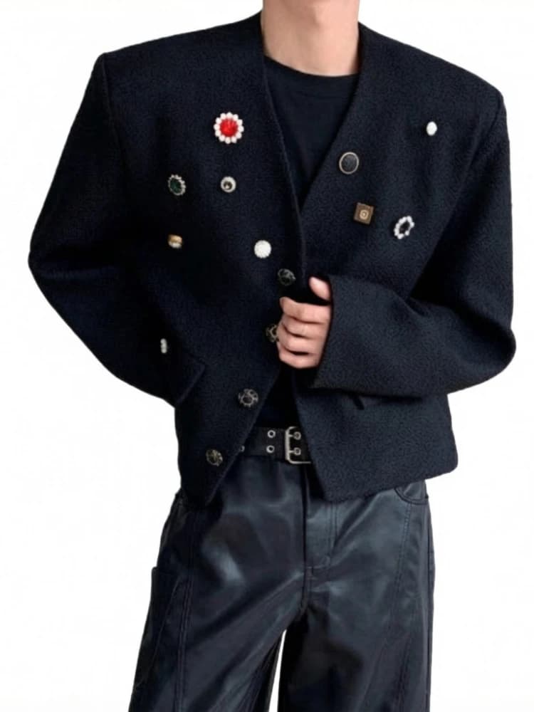 Men’s Short Tweed Jacket with Decorative Buttons Trendy Collarless Blazer for Spring Autumn Luxury Casual Style Streetwear Chic