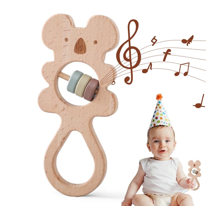 Giocattoli per bambini 0 12 mesi sonaglio in legno giocattoli sensoriali per bambino passeggino Montessori Cartoon Koala campana a mano massaggiagengive in legno per neonati