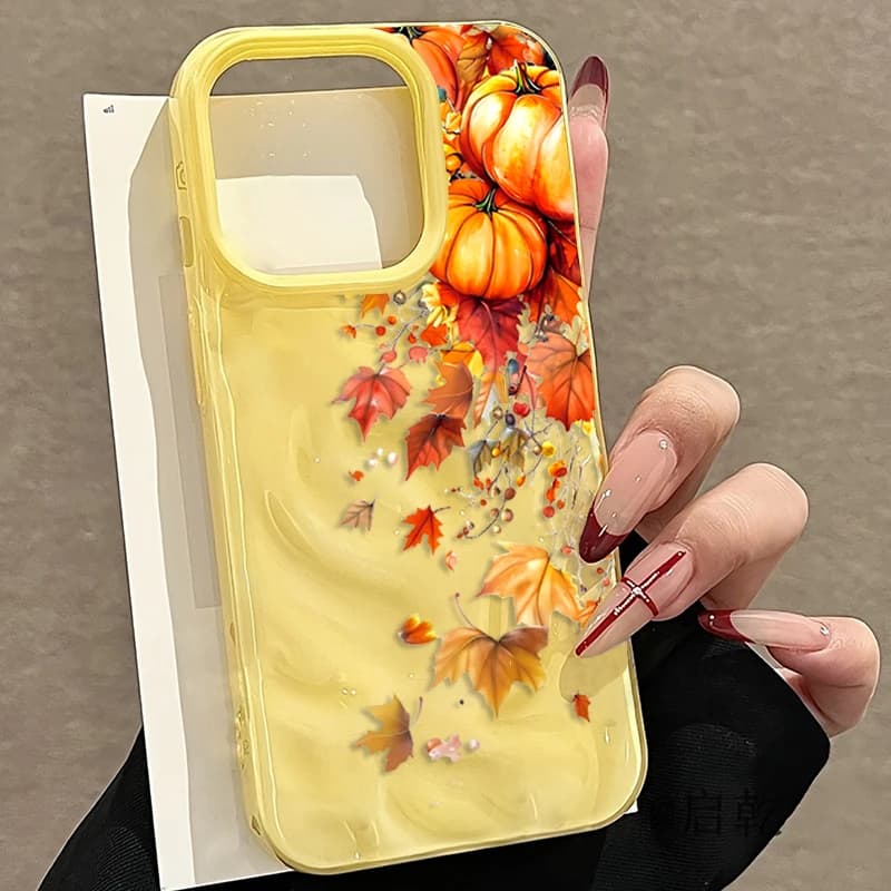 Aesthetic Pumpkin Autumn Leaf Vine Print Phone Case For iPhone 11 12 13 14 15 Pro 16 17 Pro Max 17 Air Shockproof Soft TPU Cover