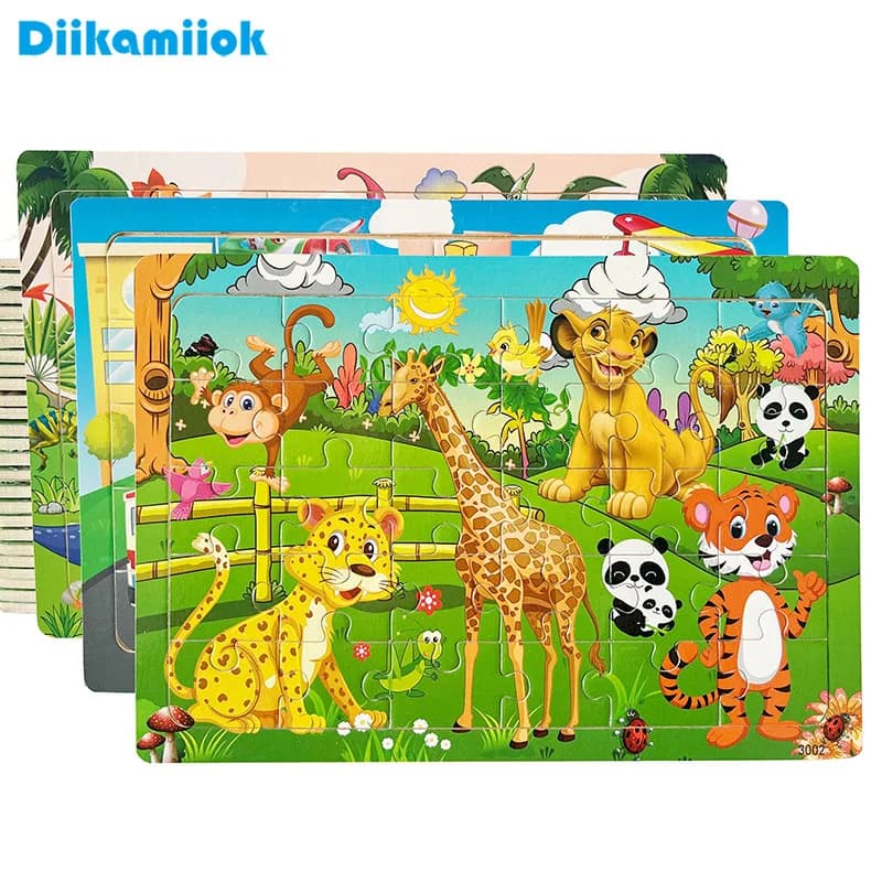 30 Pezzi Puzzle in Legno per Bambini, Giochi Educativi con Animali e Veicoli Cartoon, Giocattoli per l'Apprendimento Precoce dei Bambini