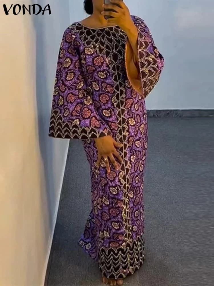 VONDA Abito elegante 2025 Donna Bohemian Stampa Vestito estivo Vintage Flare Manica lunga Maxi Abiti Oversize O-Collo Robe Femme