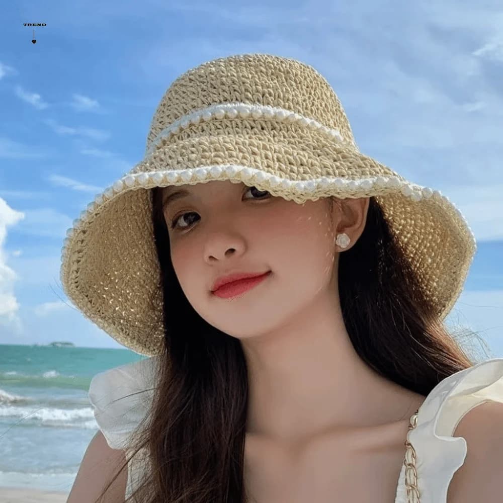 Retro Pearl Women Sun Hat Solid Color Woven Straw Fisherman Hat Visor Cap Breathable Bucket Hat Summer