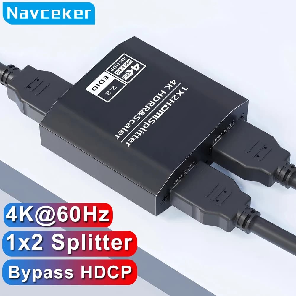 Navceker 1x2 HDMI Splitter HDR 4K 60Hz 1 Input 2 Outputs Bypas HDCP HDMI Video Distributor for Two Screens Xbox PS5 PC DVD