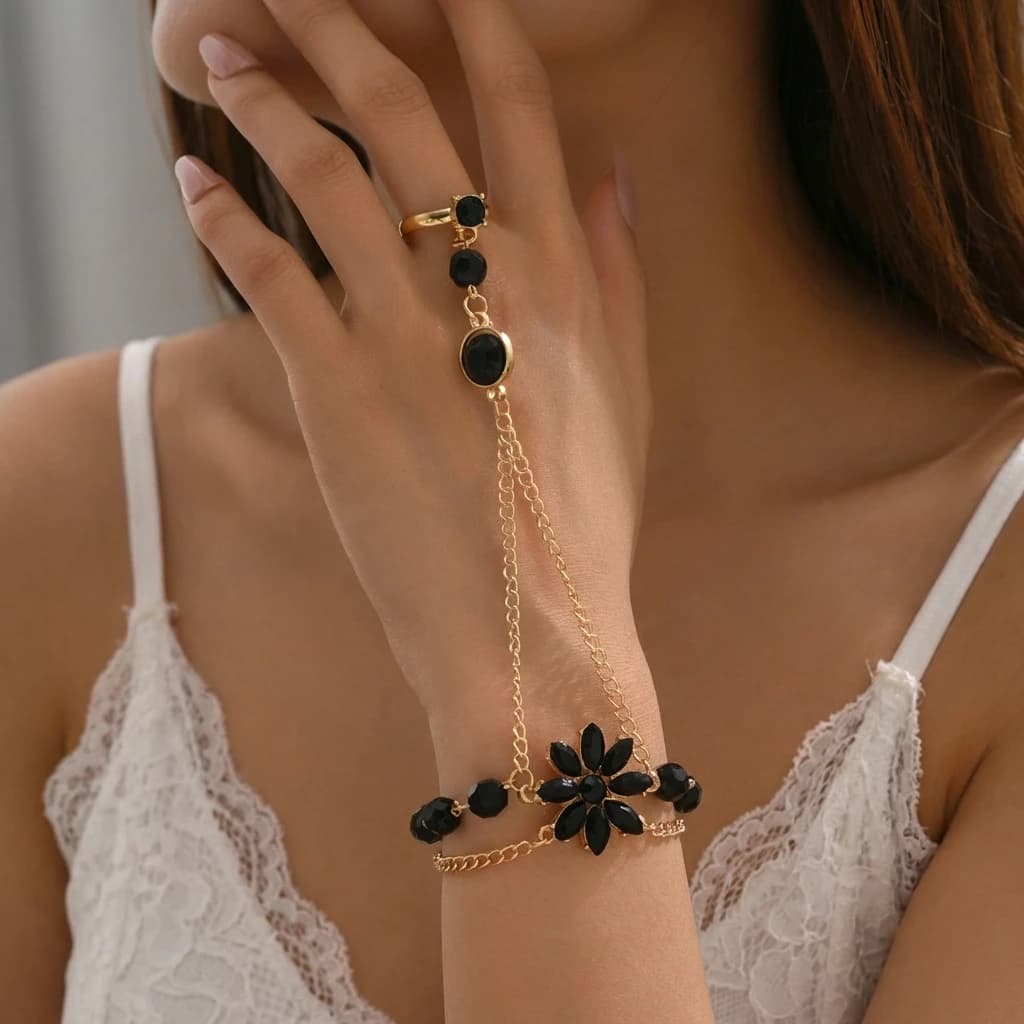 Bracciali con Anello a Fiore in Zircone Nero di Lusso Leggero per Donne, Bracciale a Catena con Fiori Rossi e Verdi, Gioielli da Festa