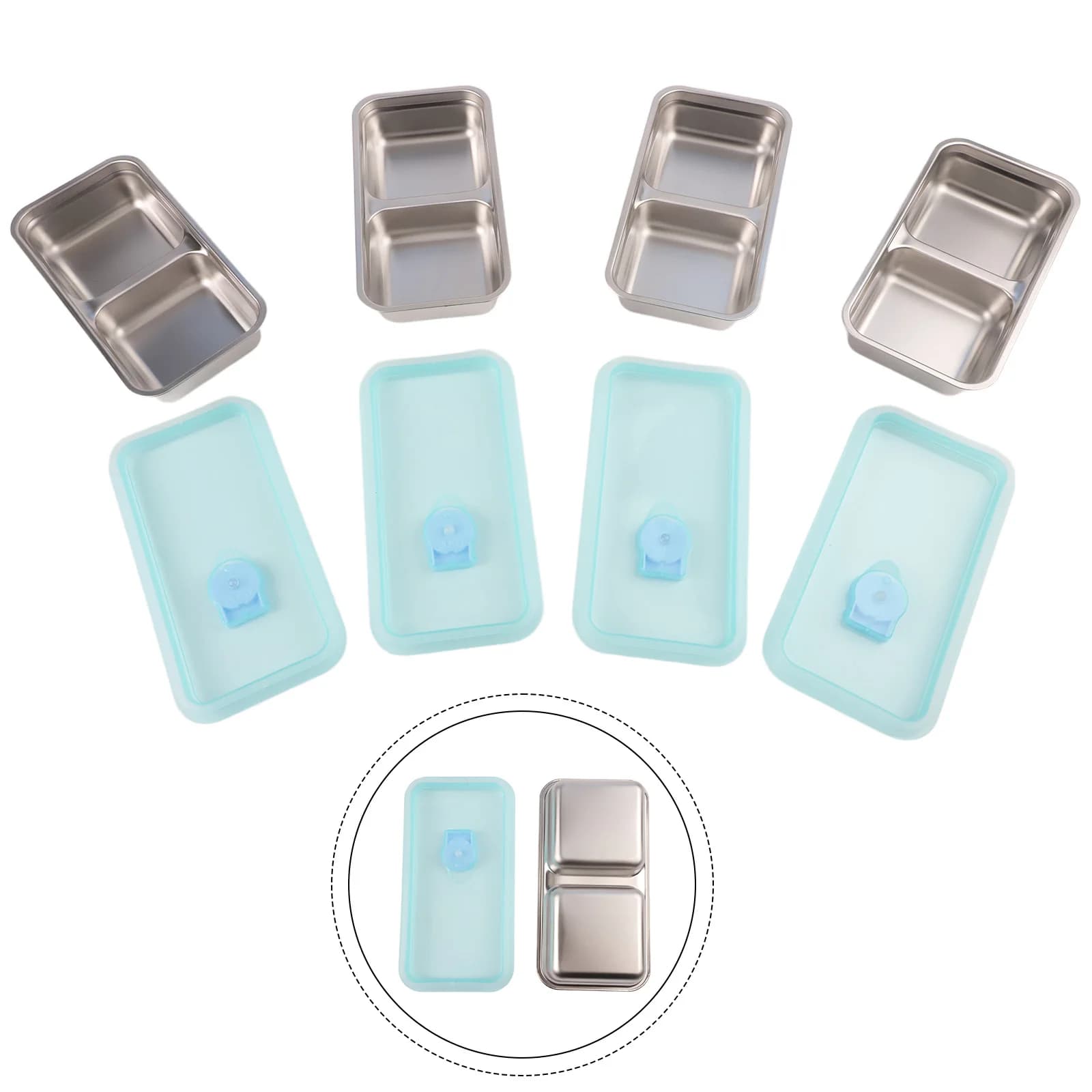 4Pcs Stainless Steel Snack Containers 2 Compartment Small Food Box With Lid Leak Proof For School Work Picnic Kitchen Storage