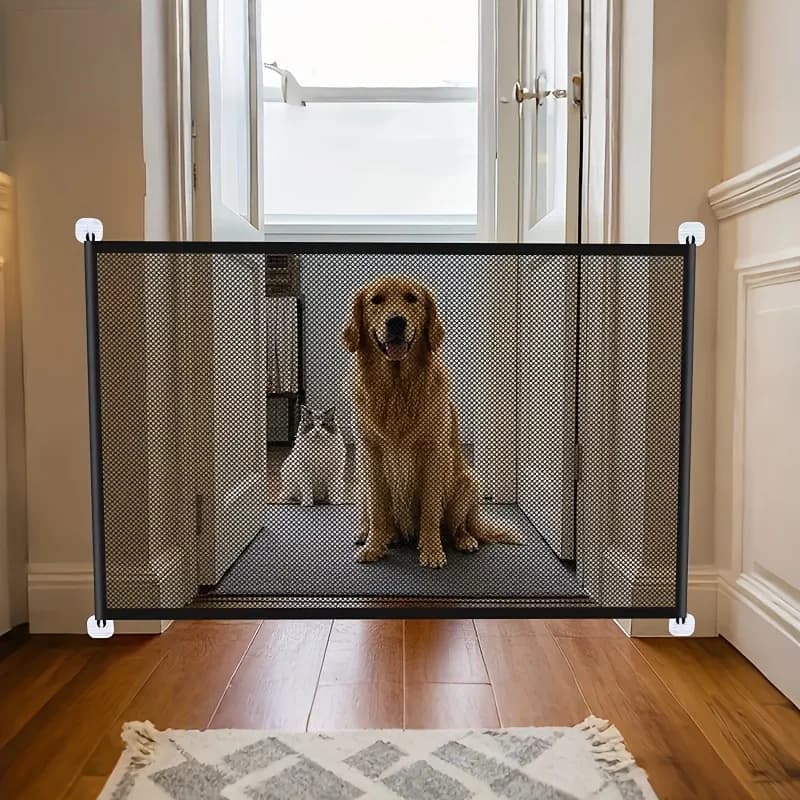 Cancello di sicurezza per animali domestici resistente con ganci, recinzione per barriera per cani in rete traspirante pieghevole isolata, porta a specchio per uso interno/esterno