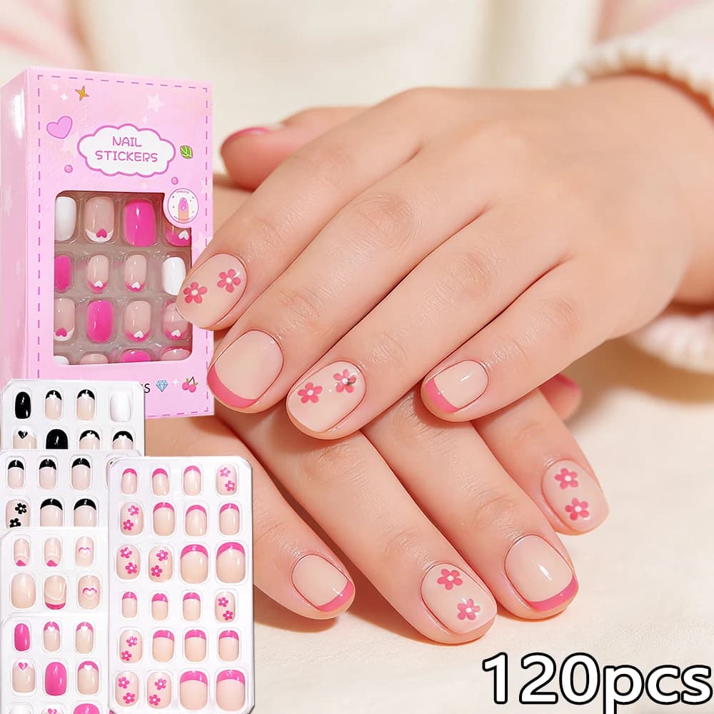 120 Pezzi Unghie Finte Rosa per Bambine, Motivo a Fiori e Cuori, Unghie Finte Corte Quadrate Francesi con Colla in Gel, Unghie Finte per Bambini