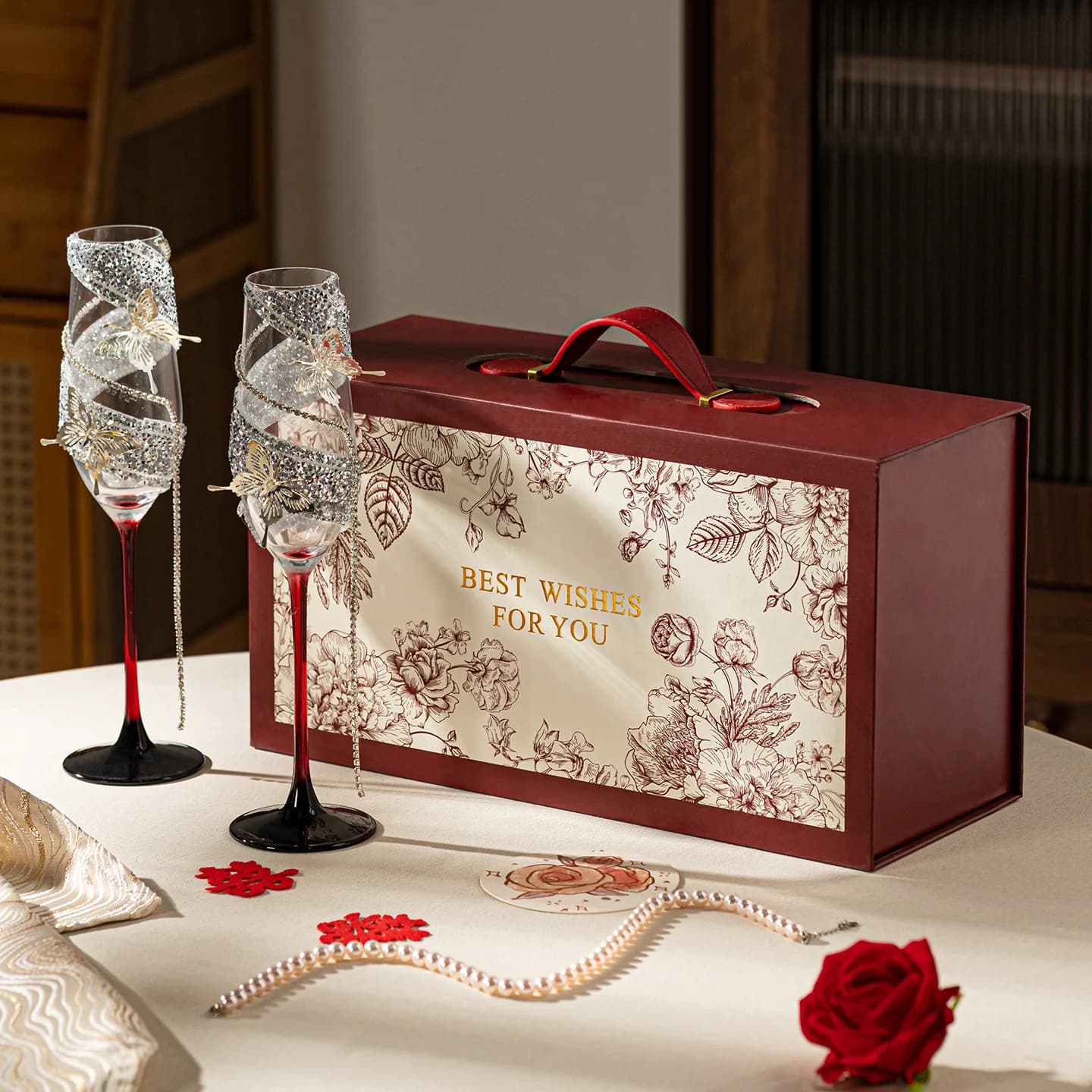Set di Bicchieri da Vino di Lusso con Texture a Farfalla e Confezione Regalo, Calici per Champagne, Set da Vino per Anniversari e Feste, Regalo per San Valentino
