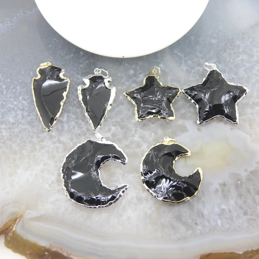 Ciondoli a Freccia in Ossidiana Grezza, Stella e Luna, Pietra Nera Naturale, Ciondoli a Mezzaluna in Quarzo, Accessori Fai da Te per Collane e Creazione di Gioielli Estivi