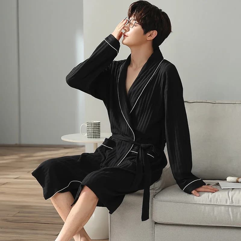 Plus Size 3XL 4XL Men's Long Bathrobe Nightwear Black Bride Wedding Dress Spring Autumn Nightwear Nightwear Cotton Homewear