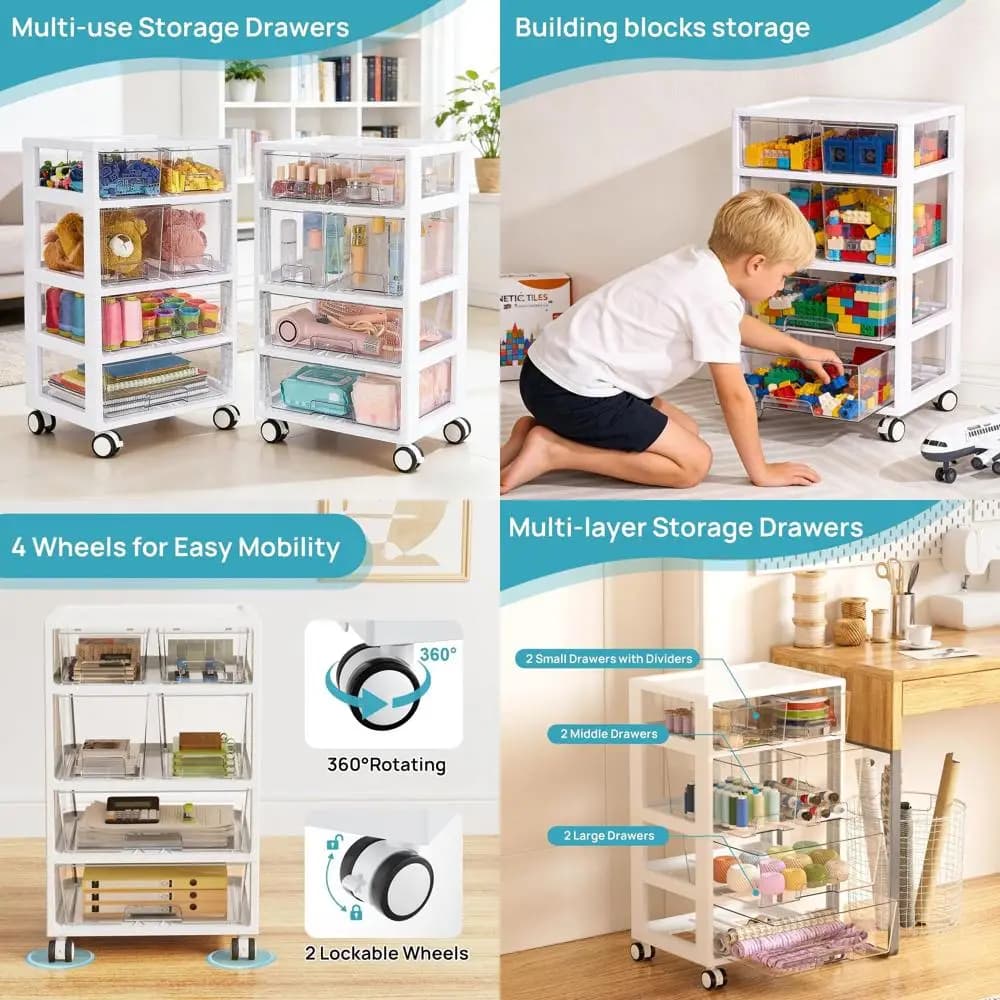 Organizzatore da Scrivania a 4 Ripiani in Plastica Trasparente con Ruote per Forniture da Ufficio, Arti e Mestieri, e Stoccaggio in Varie Stanze