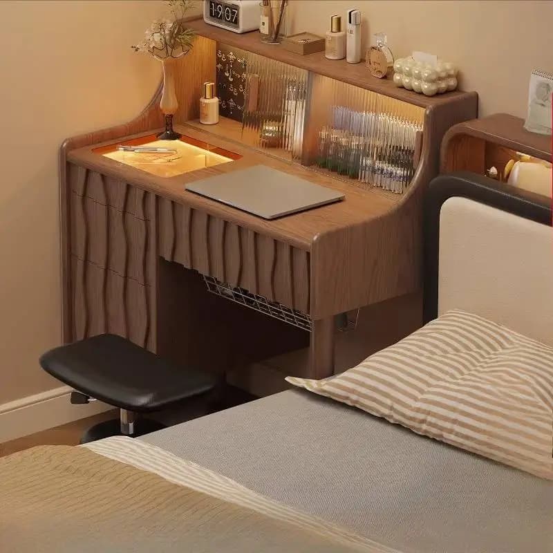 Tavolo da Trucco con Luce LED Marrone, Cassetti in Vetro Vintage, Organizer per Camera da Letto, Scrivania Vanity Compatta, Tocador, Mobili per Casa