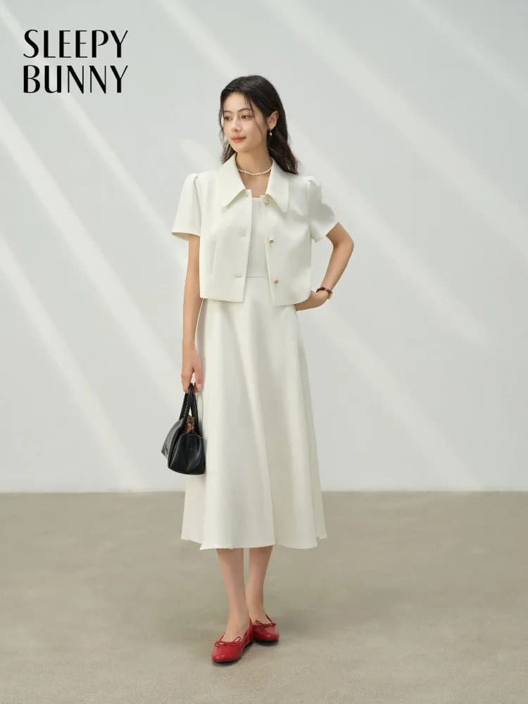 Completo Abito da Donna con Scollo Quadrato, Elegante Vestito Midi Slim Fit, Completo Due Pezzi, Abito Lungo a Trapezio, Giacca Corta, per Vacanze Estive