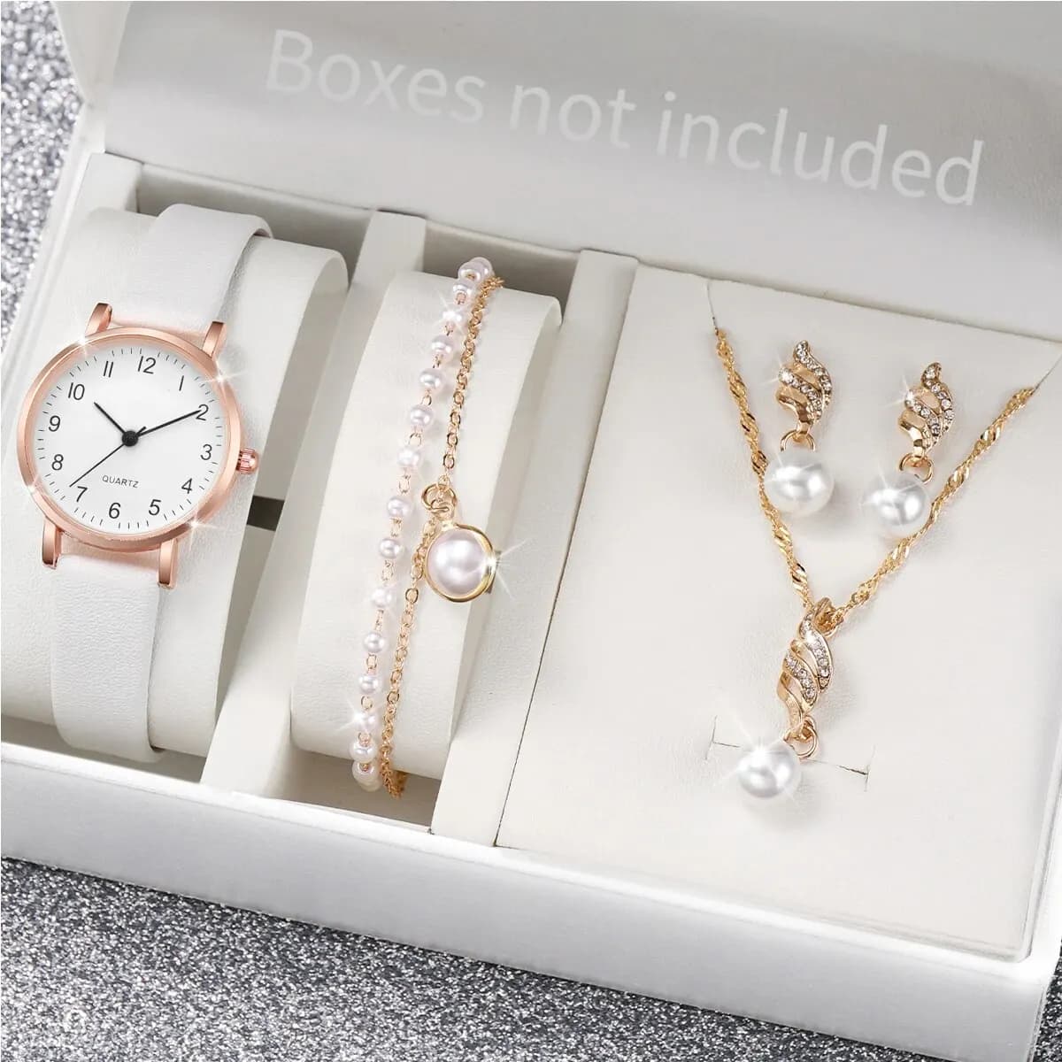 Women Rose Gold Pearl Jewelry Watch Set White Leather Quartz Wrist Watch Necklace Earrings Bracelet Ladies Elegant Gift