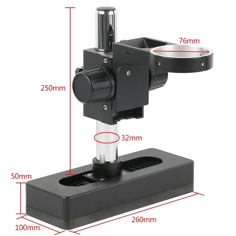 Supporto da lavoro da tavolo fisso con braccio mobile regolabile in lega di alluminio per microscopio trinoculare stereo universale + supporto per anello da 76 mm