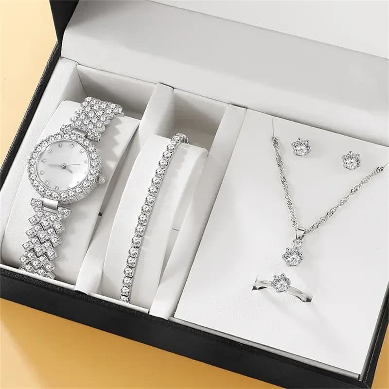 Set di 6 Pezzi: Orologio di Lusso da Donna, Anello, Collana, Orecchini, Orologio da Polso con Strass, Set di Bracciali e Orologi Casual da Donna