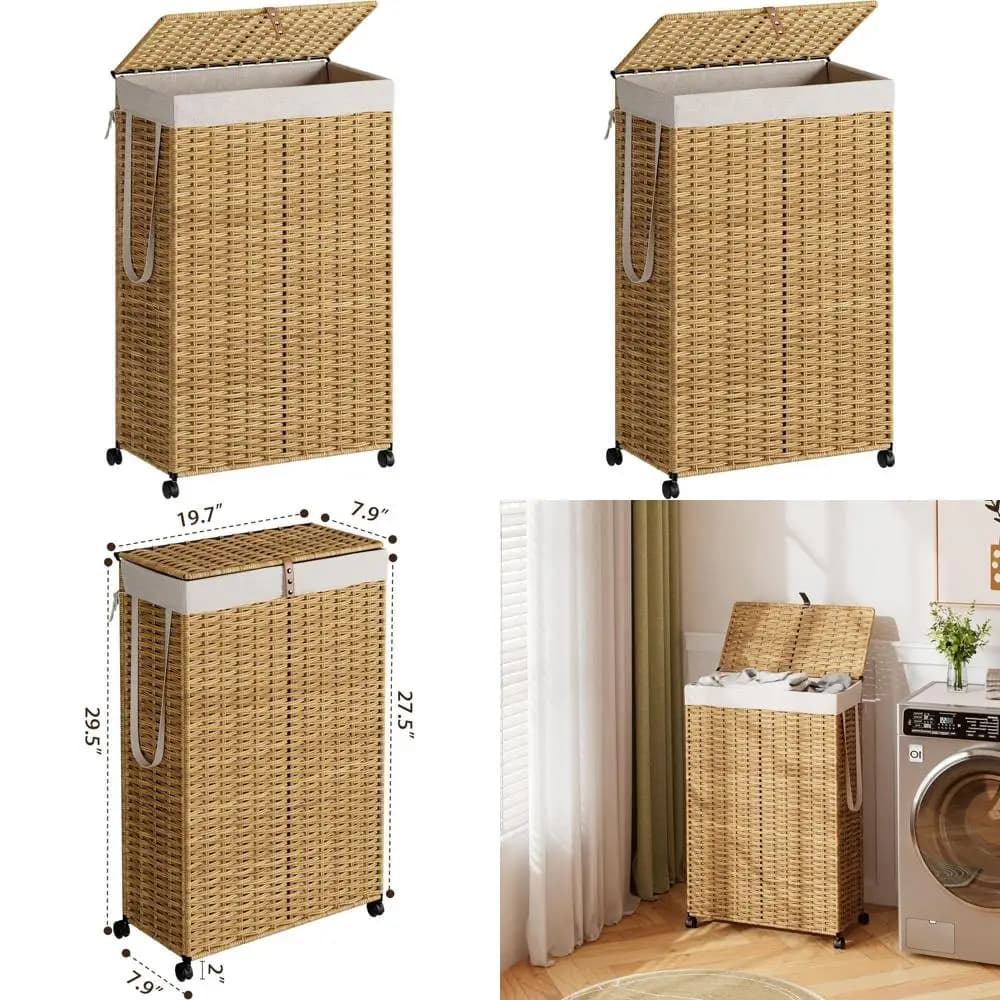90L Wheel, Cover, Removable Bag, Rattan Organizer Hand-woven, Easy to store, Natural