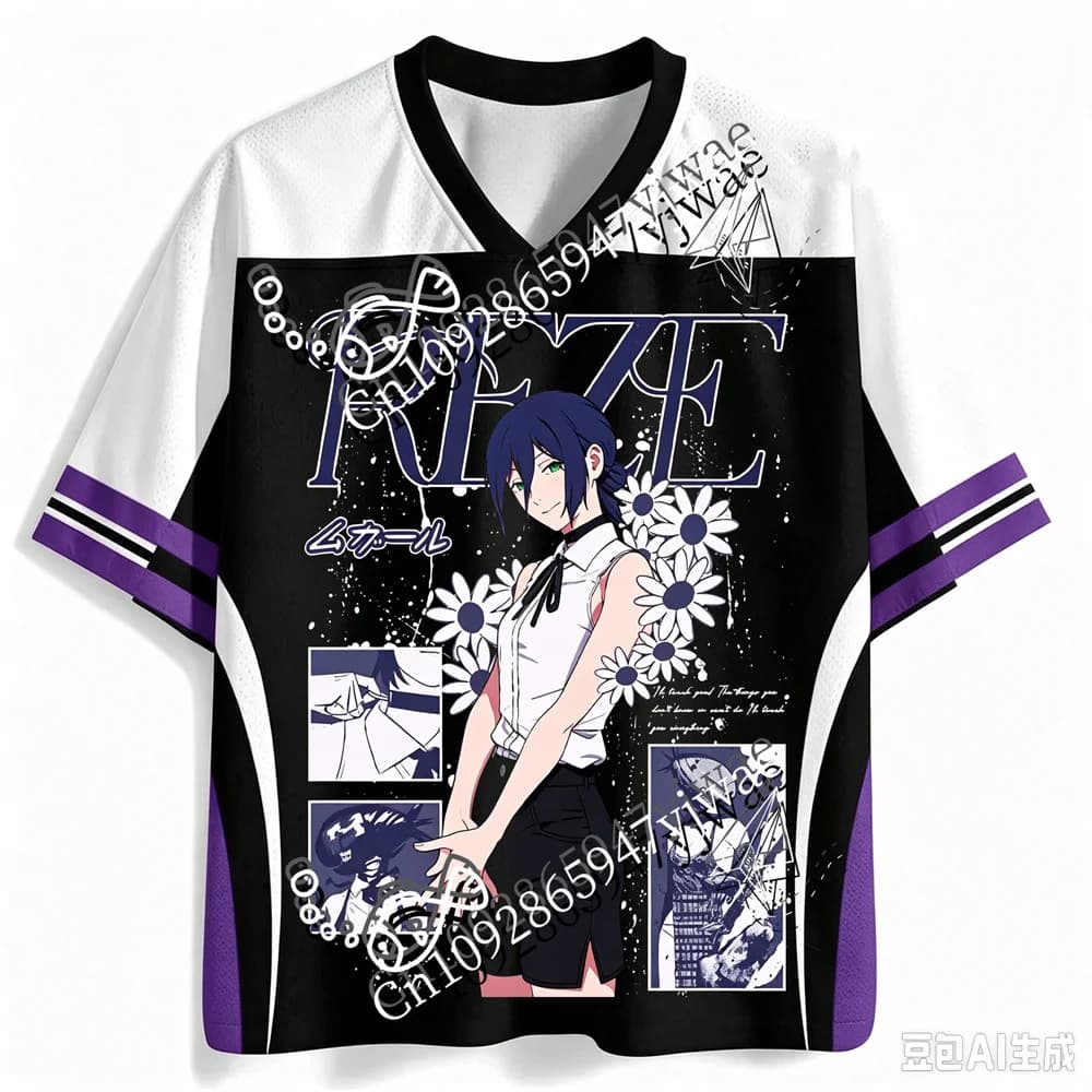 Rere Chainsaw Man 3D Graphic Printed Jersey Anime Fan T-Shirt V-Neck Streetwear Y2K Top Summer Adult Kid's T-shirts