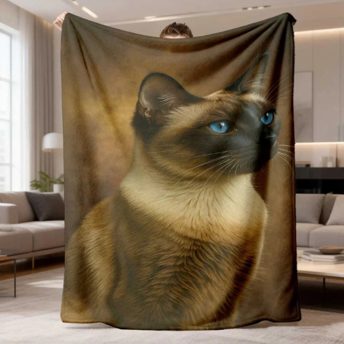 Realistic Siamese Cat Flannel Blanket Soft Cozy Throw Blanket Blue Eyed Kitty Portrait Print Bed Sofa Cover Home Decor Pet