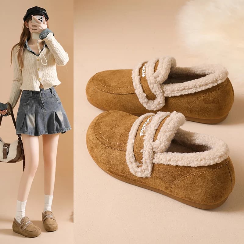 Scarpe in cotone foderate in pile, mocassini pelosi caldi e versatili, autunno e inverno, A059