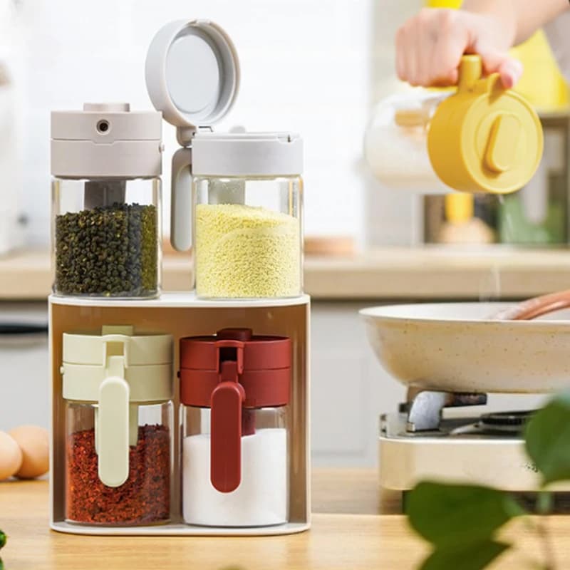 Barattoli di spezie per condimenti in vetro trasparente, set di contenitori per zucchero e sale sigillanti, scatola per condimenti con coperchi, cucchiai, accessori da cucina
