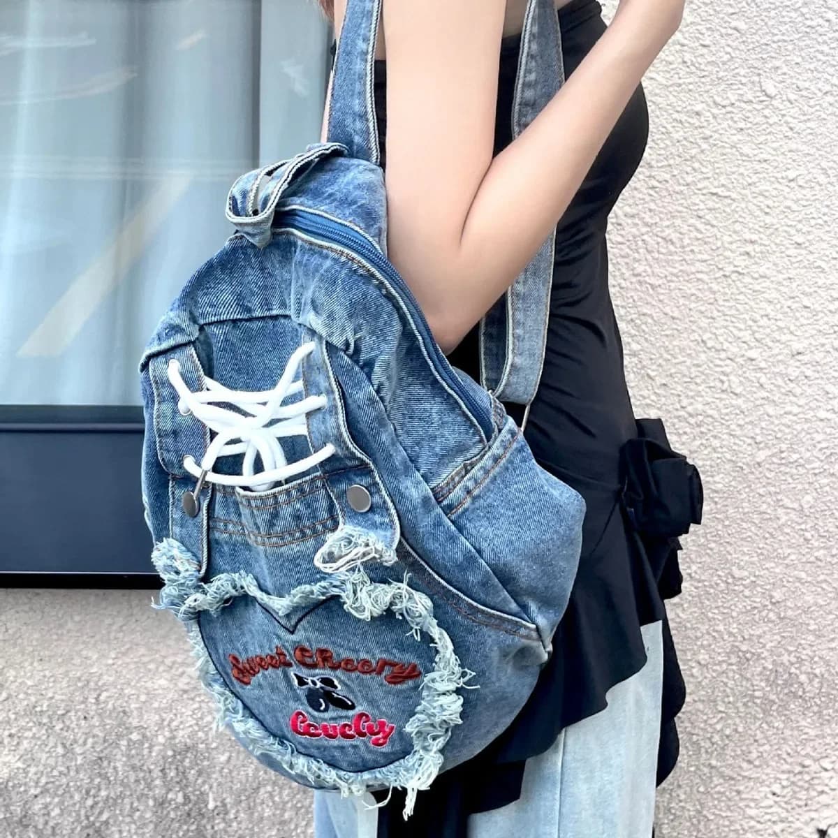 Cute Pink Denim Women Backpacks Large capacity shoulder Bags Girls School bags Embroidered letters daypacks Travel Jean Bagpack
