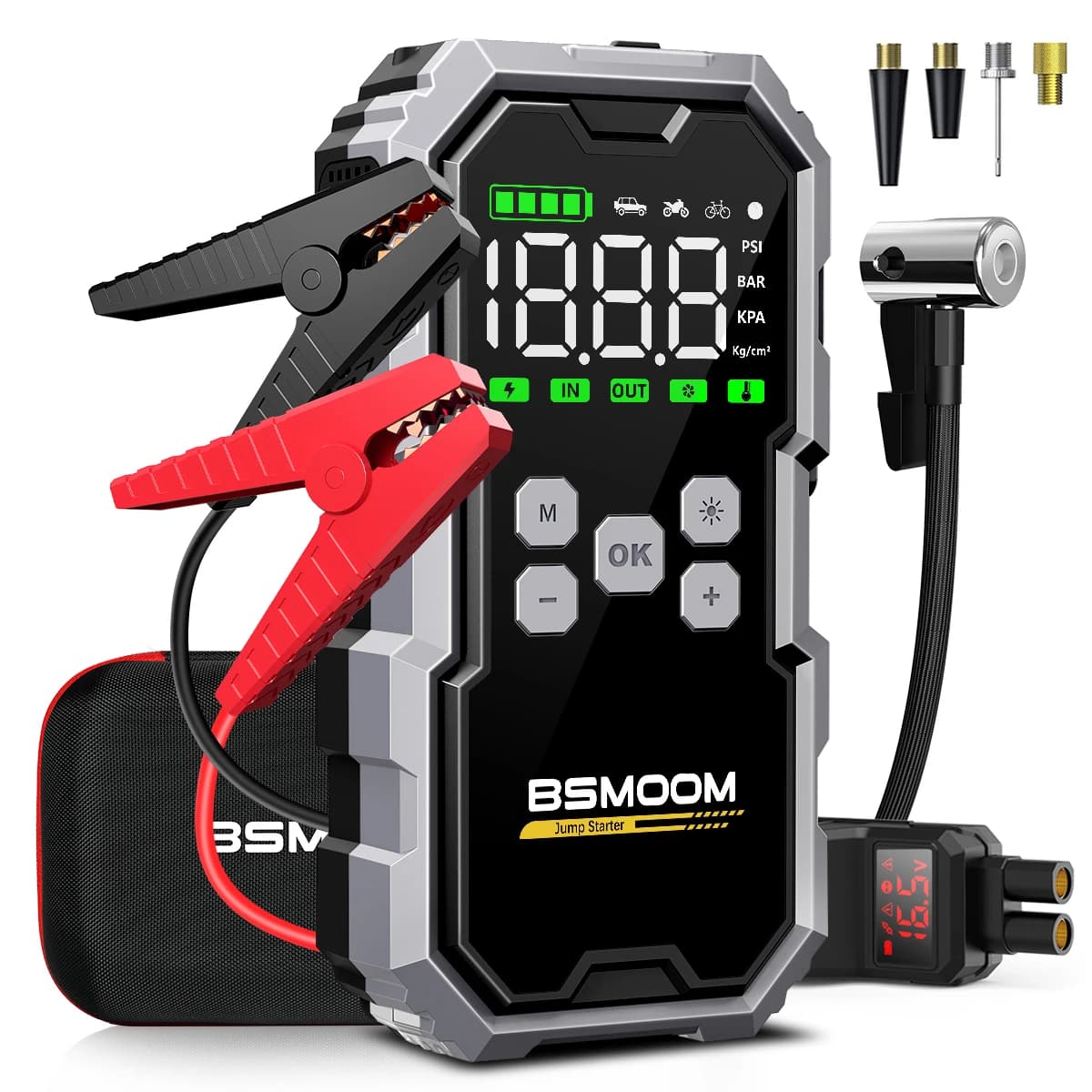 BSMOOM Avviatore di emergenza per auto Power Bank Pompa d'aria portatile 150PSI Batteria per auto Booster di emergenza Dispositivo di avviamento Avviamento per auto