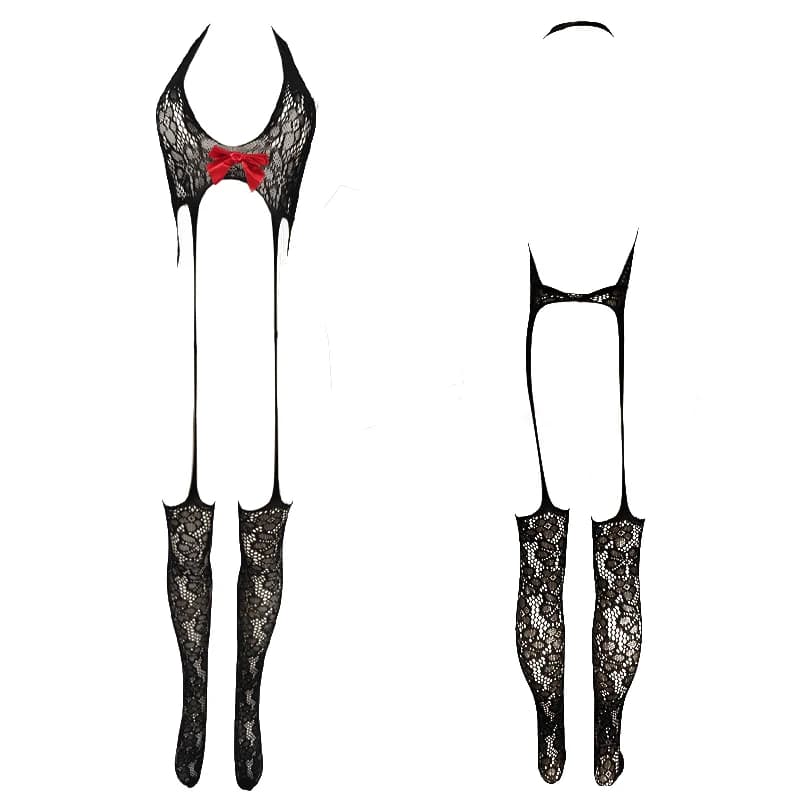 Sexy Bowknot Lingerie Garter Underwear Hollow Out Clubwear Bodysuit Stockings