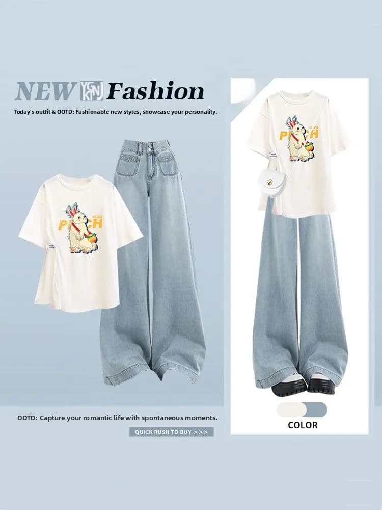 Korean Cartoon Rabbit Print Short Sleeve T-Shirt Wide Leg Jeans Two Piece Set Summer Loose Simple Commuting Outfit Women's Fa...