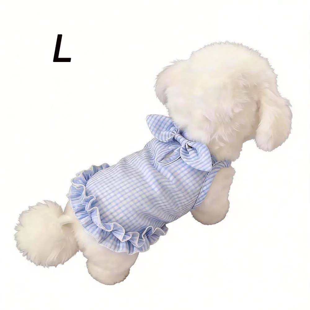 Lightweight Breathable Pet Dog Dress Ruffle Edge Sleeveless Dog Harness Vest Plaid Bow Decor Puppy Cat Clothes Spring Summer