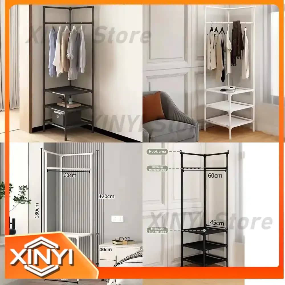 Bedroom Corner Coat Rack Cabinet for Hanging Clothes Storage Shelf Floor Standing Metal Clothing Hanger Multi Function Racks