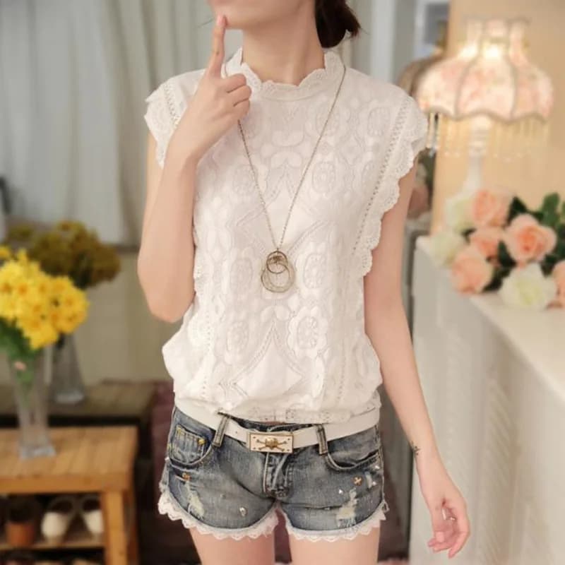 Camicetta estiva in chiffon Top da donna 2025 Nuova camicetta senza maniche in pizzo da ufficio Camicie base casual con colletto alla coreana da donna